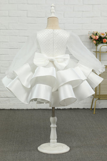 Marfim manga comprida flor menina vestido